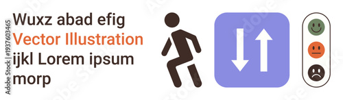 User feedback system, navigation, up-and-down voting, decision-making, survey data, user interaction. Pictogram with arrows, emoticon scale and text. s feedback and navigation concepts