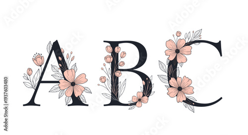 Artistic floral typography vector illustration showcasing elegant capital letters A, B, and C, beautifully adorned with delicate pink flowers and green leaves, perfect for custom designs.