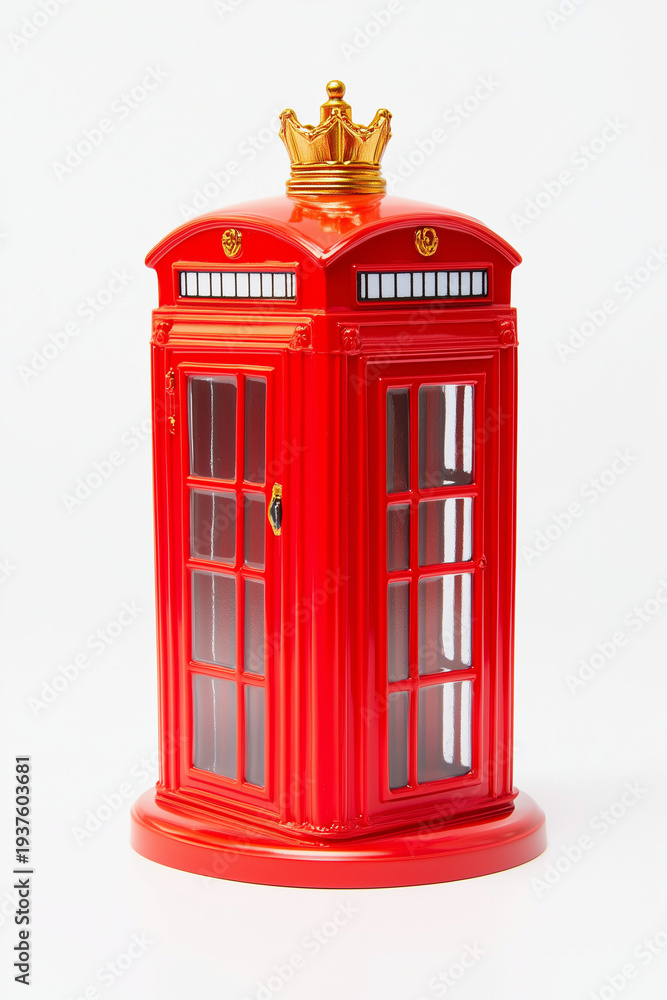Obraz premium Red British telephone booth model with golden crown decoration