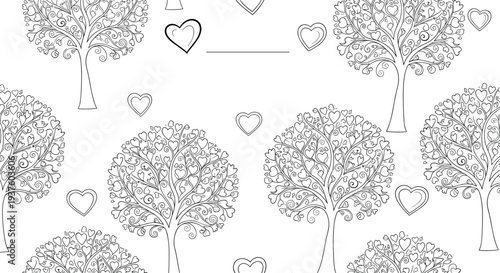 Romantic seamless pattern featuring charming stylized trees adorned with heart-shaped leaves, complemented by floating outline hearts, all rendered in delicate black and white line art.