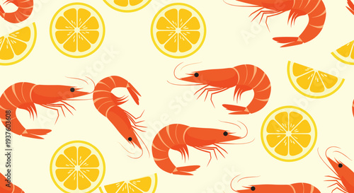 Delicious seamless pattern featuring an appetizing array of cooked red shrimps and fresh yellow lemon slices, creating a vibrant and savory seafood-themed design.
