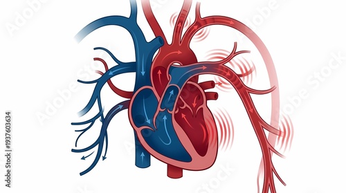 Medical illustration of the human heart and arteries showing blood flow and increased pressure related to hypertension and cardiovascular disease