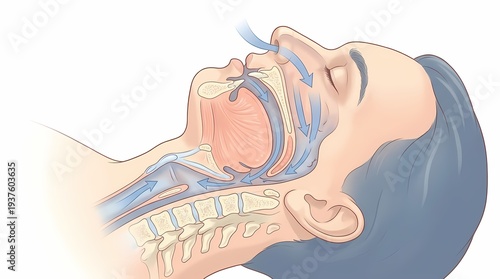 Medical illustration showing the upper airway anatomy and airflow pathway through the nose mouth throat and trachea explaining breathing and sleep related airway function