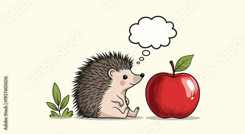 Adorable illustration of a cute hedgehog sitting attentively, gazing at a shiny red apple, with a blank thought bubble hovering above its head, perfect for conveying ideas.