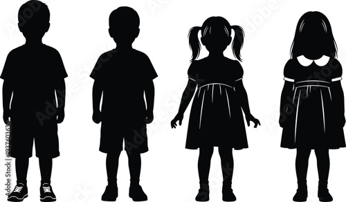 Children silhouette collection, boys and girls standing figures, black shadow kids vector illustration isolated on white background