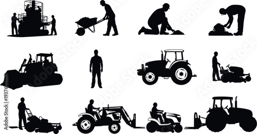 Agriculture and construction worker silhouette collection with tractors loaders lawn mower wheelbarrow and farming equipment operator set for industrial farming landscaping
