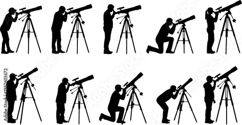 Astronomer observing sky with telescope silhouette collection showing people stargazing astronomy observation scientific research hobby and space exploration illustration set isolated