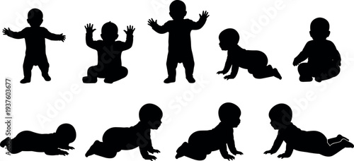 Baby silhouette collection showing infants sitting crawling and standing adorable child development stages newborn toddler activity vector illustration set isolated