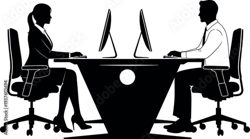 Business man and woman working at computers silhouette illustration showing office teamwork, corporate workplace communication, professional employees collaboration at desk using desktop computers.
