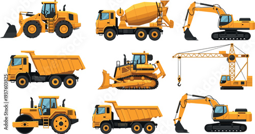 Construction heavy machinery collection including excavator, bulldozer, crane, dump truck, cement mixer, road roller and loader isolated vector set for industrial building equipment illustration