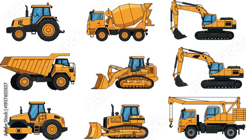Construction machinery vector set including excavator, bulldozer, tractor, dump truck, cement mixer, road roller and crane isolated illustration for industrial, engineering and building equipment