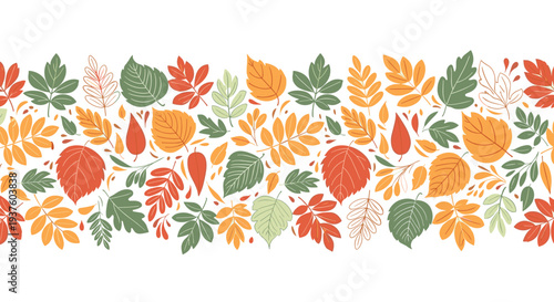 Vibrant horizontal border design composed of a rich assortment of diverse and colorful autumn leaves, showcasing the beautiful hues of fall, perfect for seasonal decorations.
