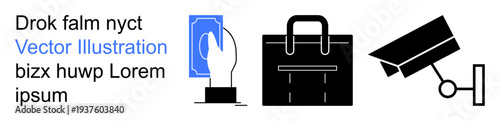 Financial transactions, security monitoring, business services, e-commerce, privacy, anti-theft. Icons showing a hand with a card, a briefcase and a surveillance camera. Financial transactions