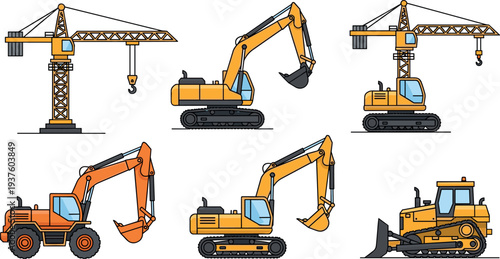 Construction machinery vector collection featuring tower crane, excavators, backhoe loader and bulldozer heavy equipment vehicles isolated for building, mining, engineering and earthmoving industry