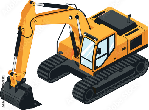Crawler excavator construction machine illustration isolated showing heavy tracked digger equipment used for earthmoving mining road building and engineering industry