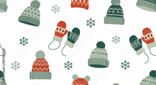 Cozy seamless pattern featuring a delightful collection of knitted winter hats and warm mittens adorned with intricate snowflakes, perfect for festive holiday designs and chilly weather.