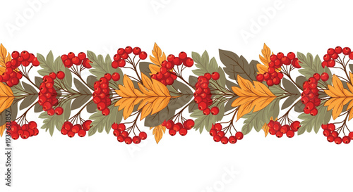 Beautiful horizontal border design featuring a repeating pattern of vibrant red rowan berries clustered among lush green and golden autumn leaves, perfect for fall decorations.