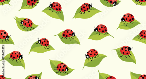 Charming seamless pattern featuring an array of cute red ladybugs cheerfully crawling on fresh green leaves, creating a vibrant and natural spring or summer design.