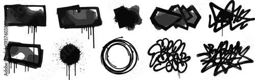 Grunge graffiti spray paint stains scribble doodles and ink splatter elements set for urban street art design