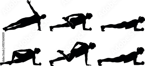 Fitness workout silhouette set showing woman performing plank mountain climber and core strength exercises for home training gym routine healthy lifestyle vector illustration