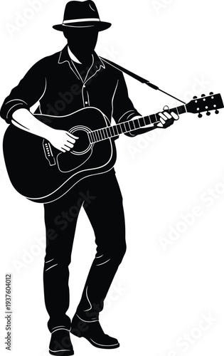 Black and white vector silhouette of a male street performer wearing a hat and playing an acoustic guitar during a performance.