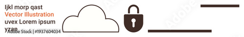 Cloud computing, data storage, cybersecurity, online protection, internet safety, secure access. Cloud shape with a lock icon in a minimalist design. Cloud computing and data storage concept