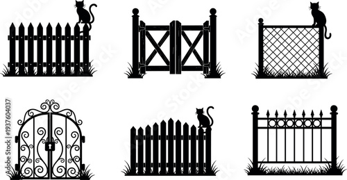 Garden fence and gate silhouette collection with decorative metal wooden barriers and cat sitting on fence outdoor yard design vector illustration set