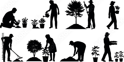 Gardening people silhouette collection showing men and women planting watering digging and caring for plants and trees outdoor landscaping vector illustration set