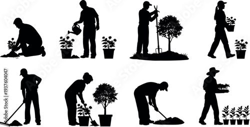 Gardening people silhouette set showing gardeners planting watering digging and caring for plants and trees outdoor landscaping activity nature vector illustration collection