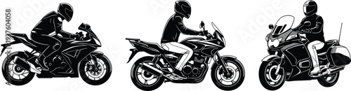 Set of three black and white motorcycle vector illustrations showing sport bike, naked street bike, and touring motorcycle with riders.