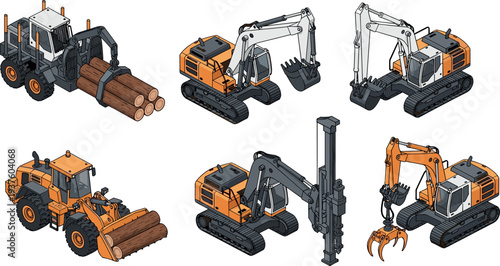 Heavy construction and forestry machinery isometric vector set including excavators, log loader, drilling rig, grappler and industrial equipment vehicles isolated for engineering, mining and logging