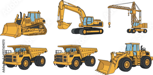 Heavy construction machinery vector set including bulldozer, excavator, crane, dump truck and wheel loader isolated illustration for industrial engineering, mining, building and earthmoving equipment