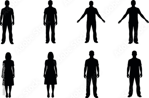 Human body silhouette collection showing male and female standing poses front view people outline figures isolated vector illustration set for anatomy reference