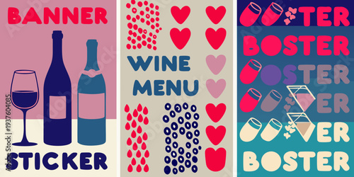 Colorful banner design featuring wine hearts and beverage illustrations
