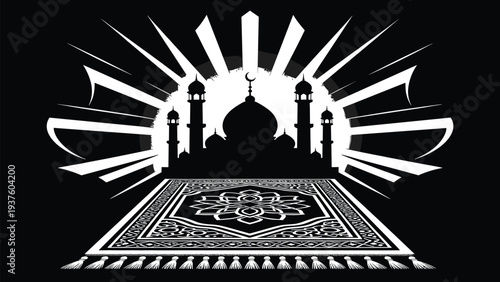 Black and white mosque silhouette with crescent moon, radiant beams, and ornate prayer rug illustration symbolizing faith, spirituality, devotion, and cultural religious heritage