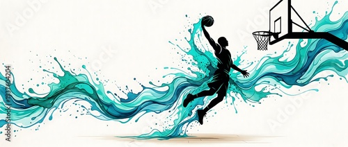 Abstract silhouette of a basketball player performing a slam dunk with flowing teal and aqua ink splashes on a clean white background.