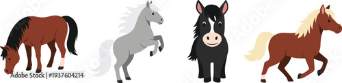 Horse illustration set, cartoon animals, brown gray black red, grazing horse, rearing stallion, trotting pony, friendly design, farm vector, livestock art, animal icon