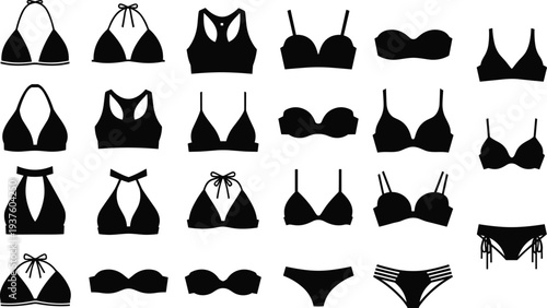 Lingerie, bra, bikini, underwear silhouettes collection, women swimwear set fashion apparel icons black minimal vector template for design isolated bundle