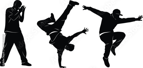 Black Silhouette Vector Illustration of Male Hip Hop Dancers Performing Urban Breakdance Moves Parkour Jumps and Street Dance Poses Isolated