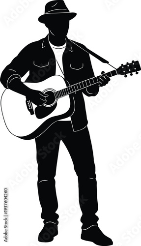 Black Silhouette Vector Illustration of a Male Musician Wearing a Hat and Playing Acoustic Guitar Isolated on a White Background