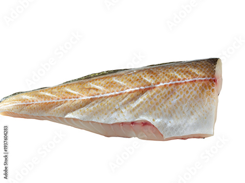 Raw fish fillet with skin, isolated on a pure white background. A fresh, healthy seafood ingredient ideal for culinary preparations, highlighting natural texture and premium quality