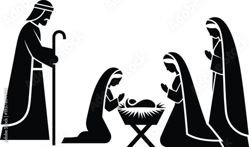 Christmas Nativity Scene Silhouette Featuring Baby Jesus in Manger with Virgin Mary Joseph and Three Wise Men or Shepherds Illustration