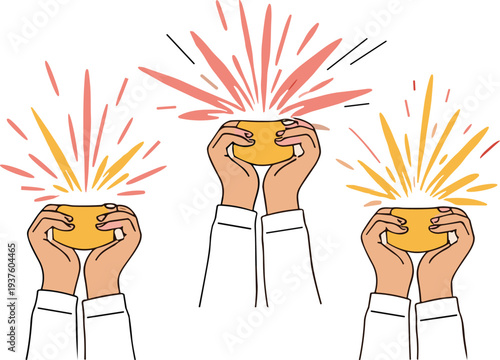 Hands holding shining golden coin with spark burst illustration symbolizing success, reward, achievement, wealth and financial opportunity concept