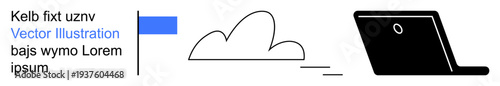 Cloud computing, digital storage, online connectivity, technology, data organization, remote access. Minimalist composition showing a cloud, laptop icon and placeholder text. Cloud computing