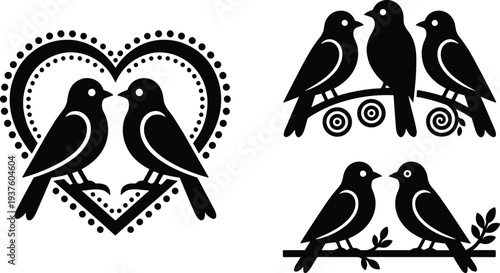 Black and white stylized bird illustrations featuring romantic heart design, decorative branches, and symbolic nature themes, representing love, companionship, and artistic decorative wildlife artwor