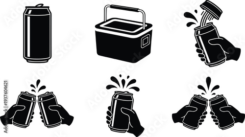 Black and white vector illustration of beverage cans, cooler, and hands clinking drinks with splashes, symbolizing refreshment, celebration, party, and social gathering artwork design