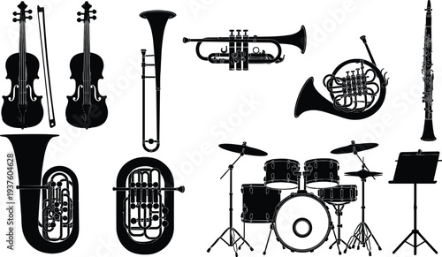 Black silhouette collage illustration of orchestral and band musical instruments including strings, brass, woodwinds, and percussion, symbolizing music, performance, education, and creativ