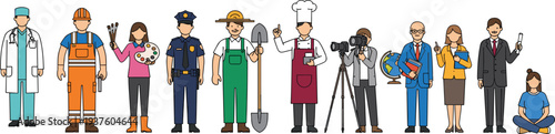 Diverse Professional People Set Including Doctor Construction Worker Artist Police Officer Farmer Chef Photographer Teacher Business Experts and Students in Uniforms