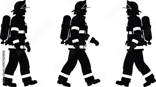 Black silhouette illustration of firefighters walking in protective suits with helmets and breathing apparatus, symbolizing emergency response, safety, and heroic action in hazardous environments.