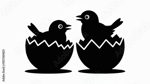 Two black birds emerging from cracked eggs on white background symbolizing freedom and new life